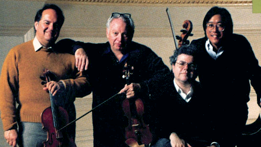 Isaac Stern, Jaime Laredo, Yo-Yo Ma y Emanuel Ax ensayan e interpretan Cuartetos con piano n.° 1 y n.° 2 de Brahms